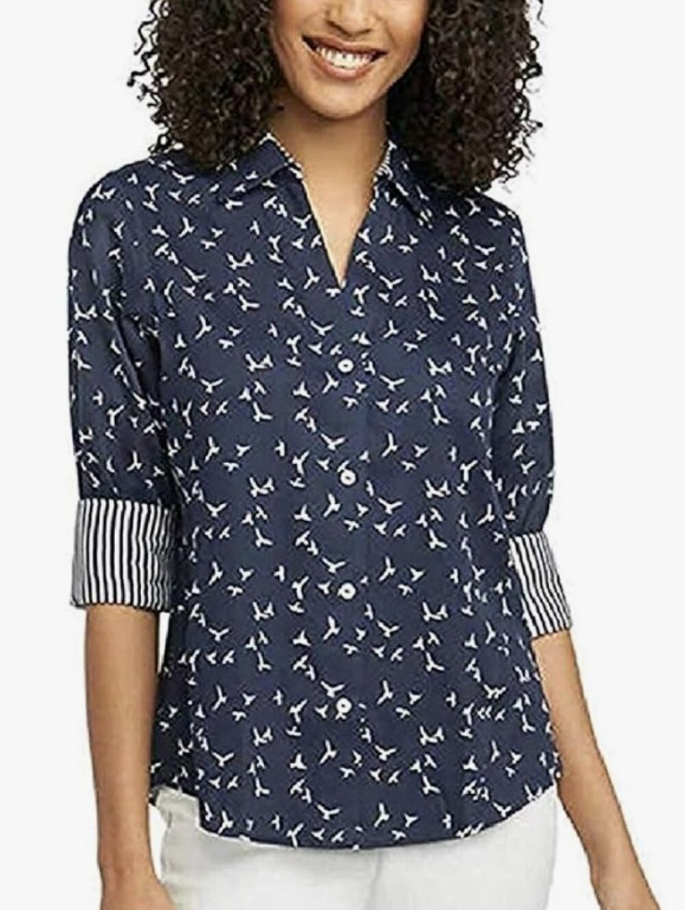 Foxcroft Sz XXL Easy Care No Iron Navy Button-Down Shirt with White Bird Print